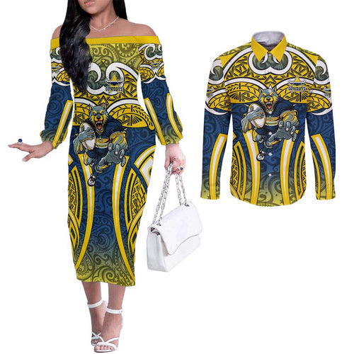 North Queensland Cowboys Rugby Couples Matching Off The Shoulder Long Sleeve Dress and Long Sleeve Button Shirt Polynesian Tribal Bull Warrior Navy Yellow Pattern