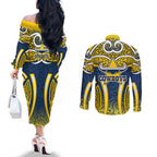 North Queensland Cowboys Rugby Couples Matching Off The Shoulder Long Sleeve Dress and Long Sleeve Button Shirt Polynesian Tribal Bull Warrior Navy Yellow Pattern