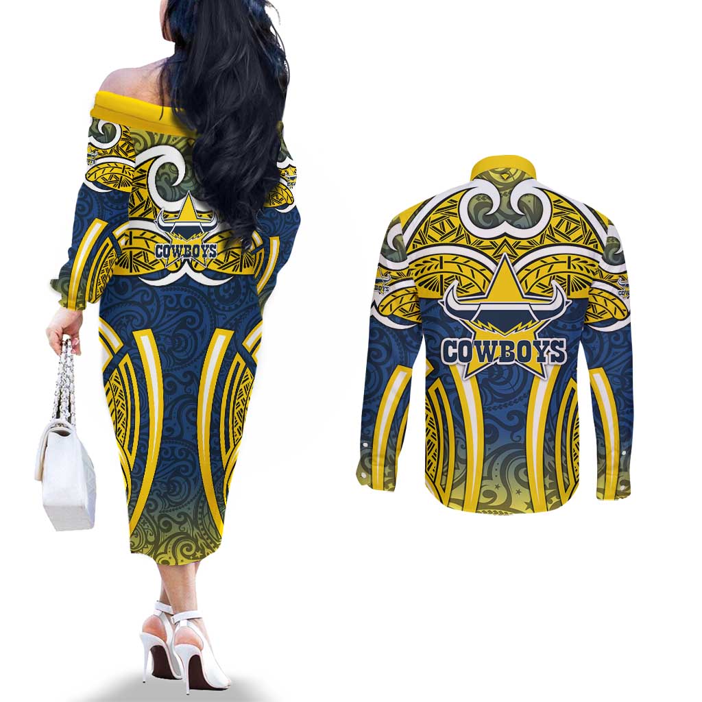 North Queensland Cowboys Rugby Couples Matching Off The Shoulder Long Sleeve Dress and Long Sleeve Button Shirt Polynesian Tribal Bull Warrior Navy Yellow Pattern