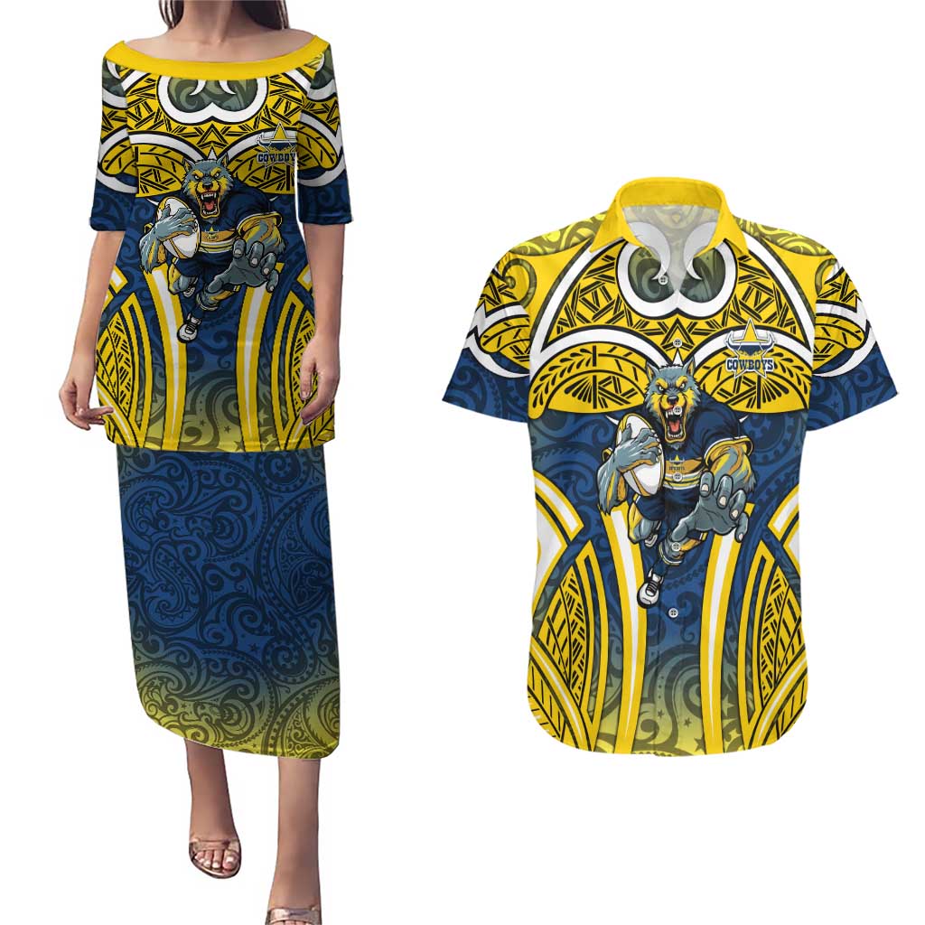 North Queensland Cowboys Rugby Couples Matching Puletasi and Hawaiian Shirt Polynesian Tribal Bull Warrior Navy Yellow Pattern