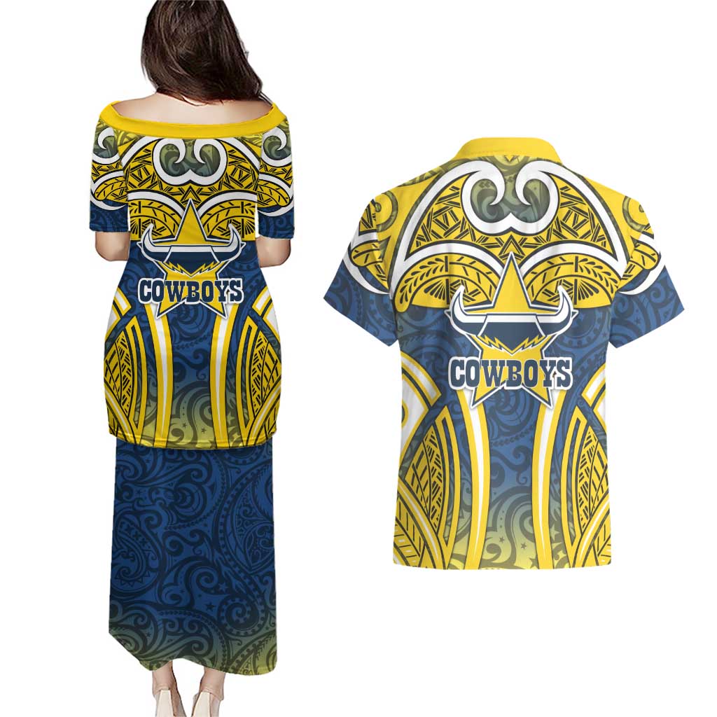 North Queensland Cowboys Rugby Couples Matching Puletasi and Hawaiian Shirt Polynesian Tribal Bull Warrior Navy Yellow Pattern