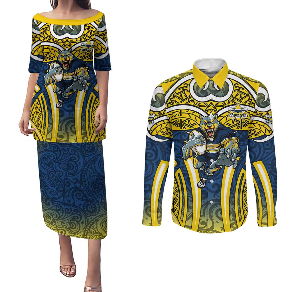 North Queensland Cowboys Rugby Couples Matching Puletasi and Long Sleeve Button Shirt Polynesian Tribal Bull Warrior Navy Yellow Pattern