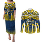 North Queensland Cowboys Rugby Couples Matching Puletasi and Long Sleeve Button Shirt Polynesian Tribal Bull Warrior Navy Yellow Pattern