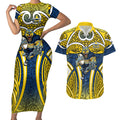 North Queensland Cowboys Rugby Couples Matching Short Sleeve Bodycon Dress and Hawaiian Shirt Polynesian Tribal Bull Warrior Navy Yellow Pattern