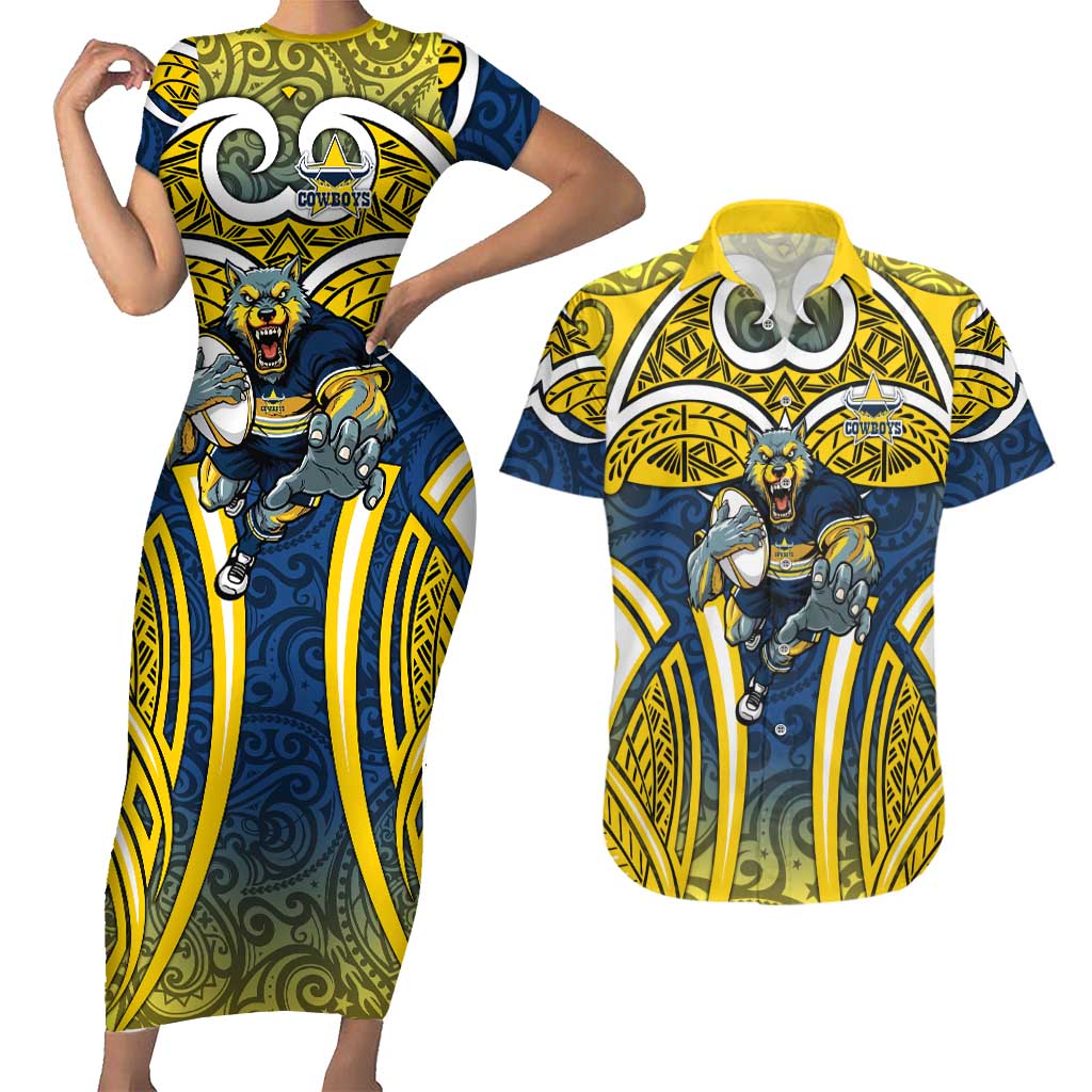 North Queensland Cowboys Rugby Couples Matching Short Sleeve Bodycon Dress and Hawaiian Shirt Polynesian Tribal Bull Warrior Navy Yellow Pattern