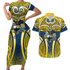 North Queensland Cowboys Rugby Couples Matching Short Sleeve Bodycon Dress and Hawaiian Shirt Polynesian Tribal Bull Warrior Navy Yellow Pattern