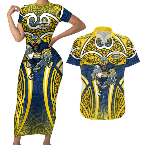North Queensland Cowboys Rugby Couples Matching Short Sleeve Bodycon Dress and Hawaiian Shirt Polynesian Tribal Bull Warrior Navy Yellow Pattern