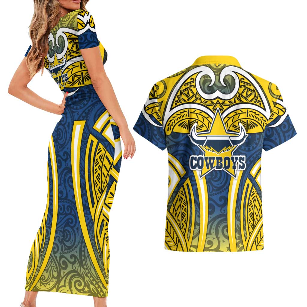 North Queensland Cowboys Rugby Couples Matching Short Sleeve Bodycon Dress and Hawaiian Shirt Polynesian Tribal Bull Warrior Navy Yellow Pattern
