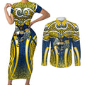 North Queensland Cowboys Rugby Couples Matching Short Sleeve Bodycon Dress and Long Sleeve Button Shirt Polynesian Tribal Bull Warrior Navy Yellow Pattern