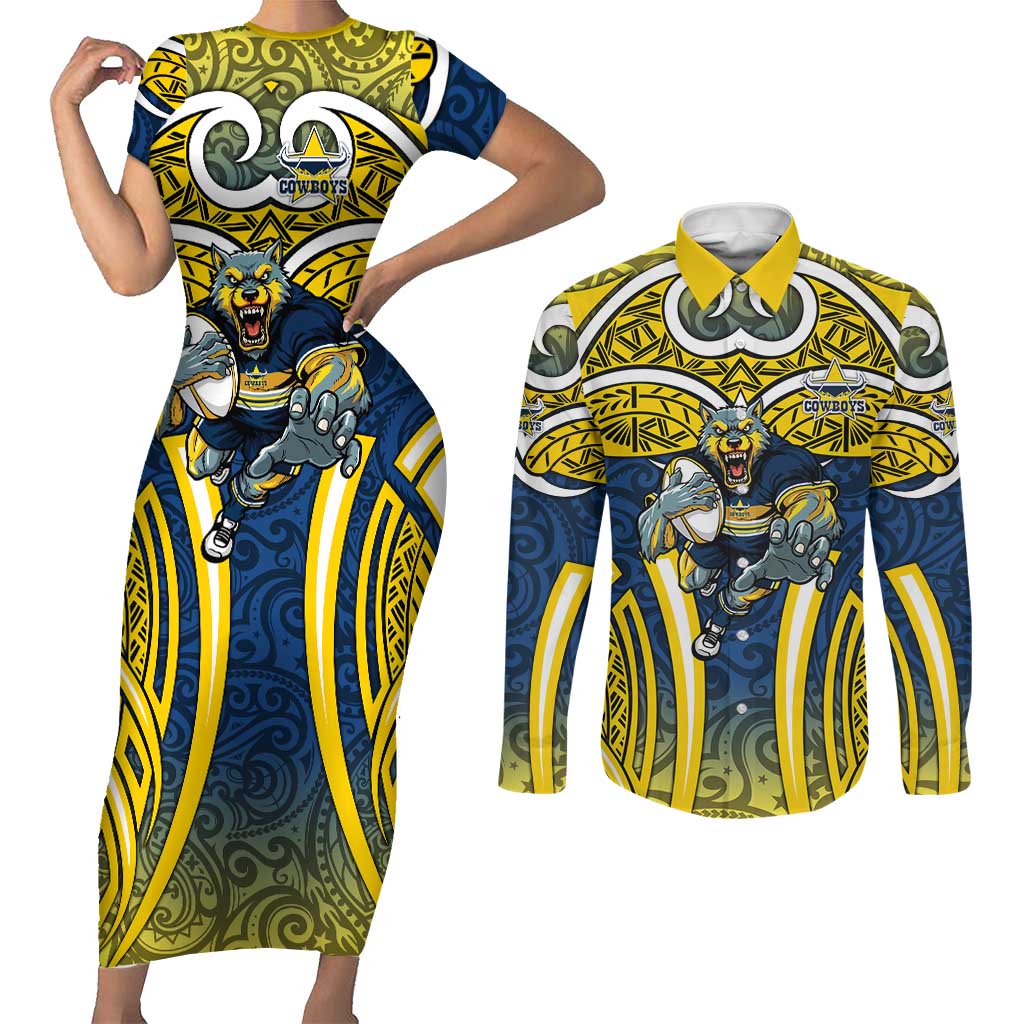 North Queensland Cowboys Rugby Couples Matching Short Sleeve Bodycon Dress and Long Sleeve Button Shirt Polynesian Tribal Bull Warrior Navy Yellow Pattern