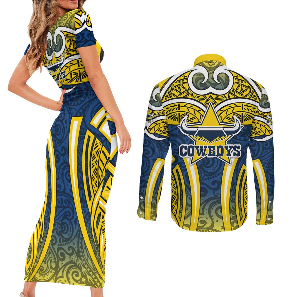 North Queensland Cowboys Rugby Couples Matching Short Sleeve Bodycon Dress and Long Sleeve Button Shirt Polynesian Tribal Bull Warrior Navy Yellow Pattern