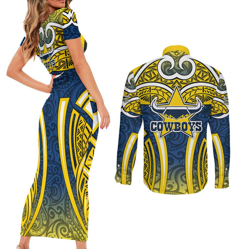 North Queensland Cowboys Rugby Couples Matching Short Sleeve Bodycon Dress and Long Sleeve Button Shirt Polynesian Tribal Bull Warrior Navy Yellow Pattern