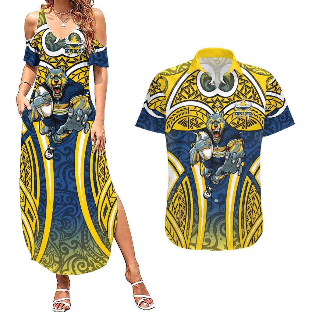 North Queensland Cowboys Rugby Couples Matching Summer Maxi Dress and Hawaiian Shirt Polynesian Tribal Bull Warrior Navy Yellow Pattern