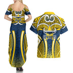 North Queensland Cowboys Rugby Couples Matching Summer Maxi Dress and Hawaiian Shirt Polynesian Tribal Bull Warrior Navy Yellow Pattern