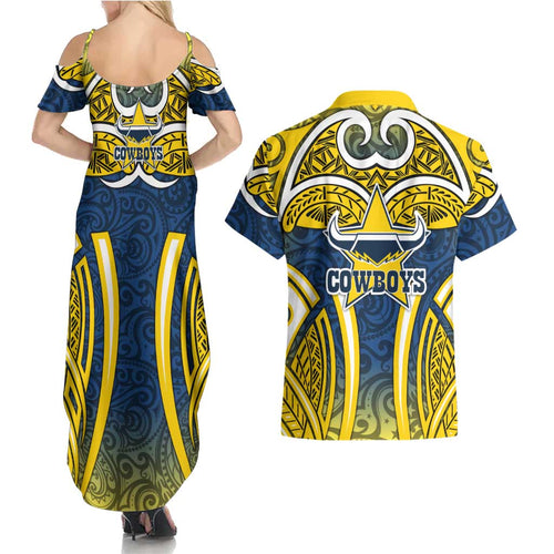 North Queensland Cowboys Rugby Couples Matching Summer Maxi Dress and Hawaiian Shirt Polynesian Tribal Bull Warrior Navy Yellow Pattern