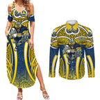 North Queensland Cowboys Rugby Couples Matching Summer Maxi Dress and Long Sleeve Button Shirt Polynesian Tribal Bull Warrior Navy Yellow Pattern