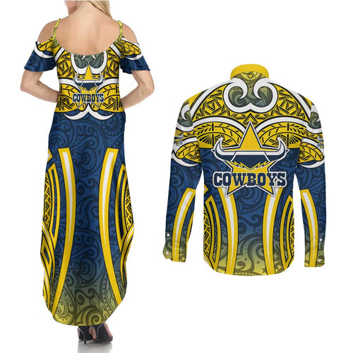 North Queensland Cowboys Rugby Couples Matching Summer Maxi Dress and Long Sleeve Button Shirt Polynesian Tribal Bull Warrior Navy Yellow Pattern