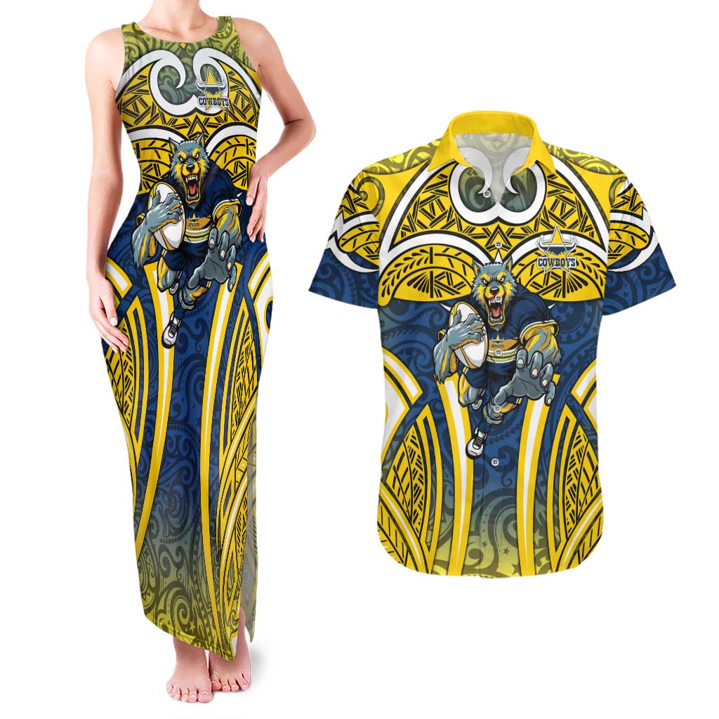 North Queensland Cowboys Rugby Couples Matching Tank Maxi Dress and Hawaiian Shirt Polynesian Tribal Bull Warrior Navy Yellow Pattern
