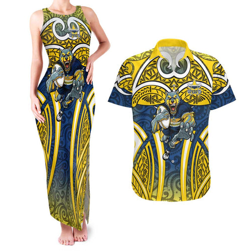 North Queensland Cowboys Rugby Couples Matching Tank Maxi Dress and Hawaiian Shirt Polynesian Tribal Bull Warrior Navy Yellow Pattern