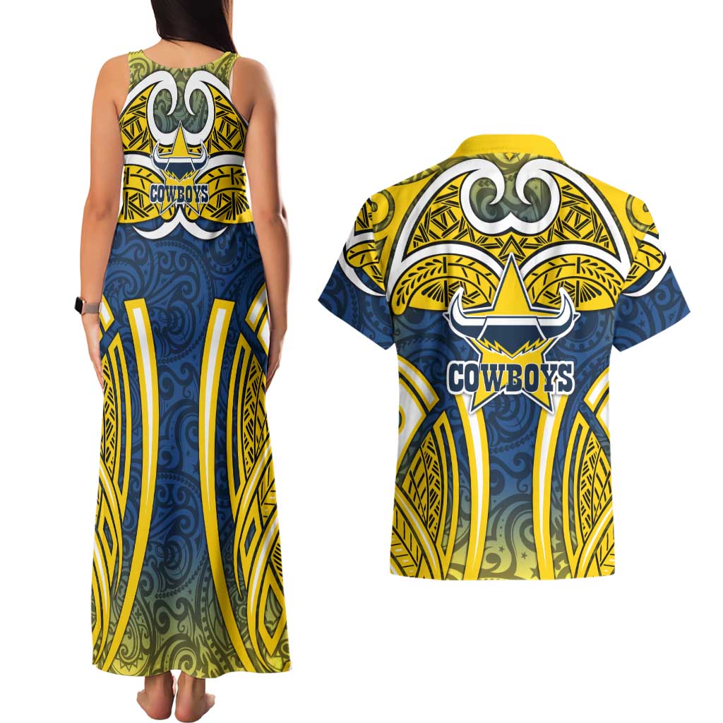 North Queensland Cowboys Rugby Couples Matching Tank Maxi Dress and Hawaiian Shirt Polynesian Tribal Bull Warrior Navy Yellow Pattern