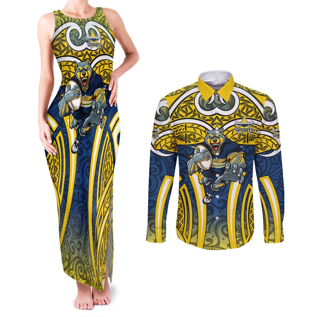 North Queensland Cowboys Rugby Couples Matching Tank Maxi Dress and Long Sleeve Button Shirt Polynesian Tribal Bull Warrior Navy Yellow Pattern