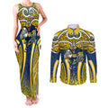 North Queensland Cowboys Rugby Couples Matching Tank Maxi Dress and Long Sleeve Button Shirt Polynesian Tribal Bull Warrior Navy Yellow Pattern