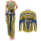 North Queensland Cowboys Rugby Couples Matching Tank Maxi Dress and Long Sleeve Button Shirt Polynesian Tribal Bull Warrior Navy Yellow Pattern