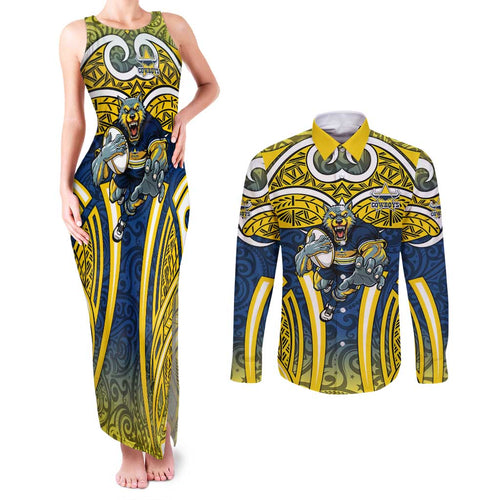 North Queensland Cowboys Rugby Couples Matching Tank Maxi Dress and Long Sleeve Button Shirt Polynesian Tribal Bull Warrior Navy Yellow Pattern