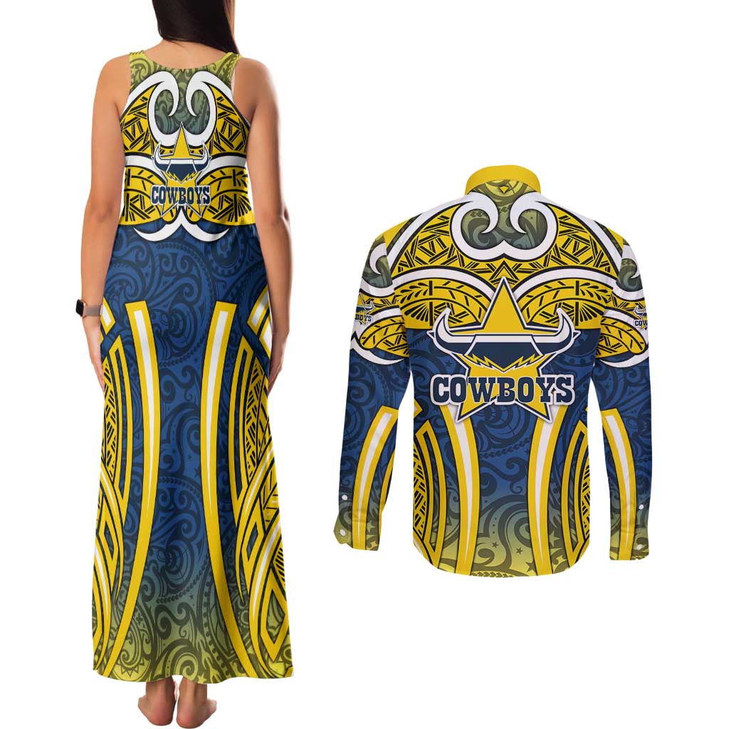 North Queensland Cowboys Rugby Couples Matching Tank Maxi Dress and Long Sleeve Button Shirt Polynesian Tribal Bull Warrior Navy Yellow Pattern