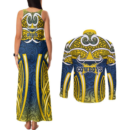 North Queensland Cowboys Rugby Couples Matching Tank Maxi Dress and Long Sleeve Button Shirt Polynesian Tribal Bull Warrior Navy Yellow Pattern