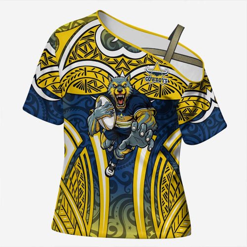 North Queensland Cowboys Rugby Cross Shoulder Shirt Polynesian Tribal Bull Warrior Navy Yellow Pattern