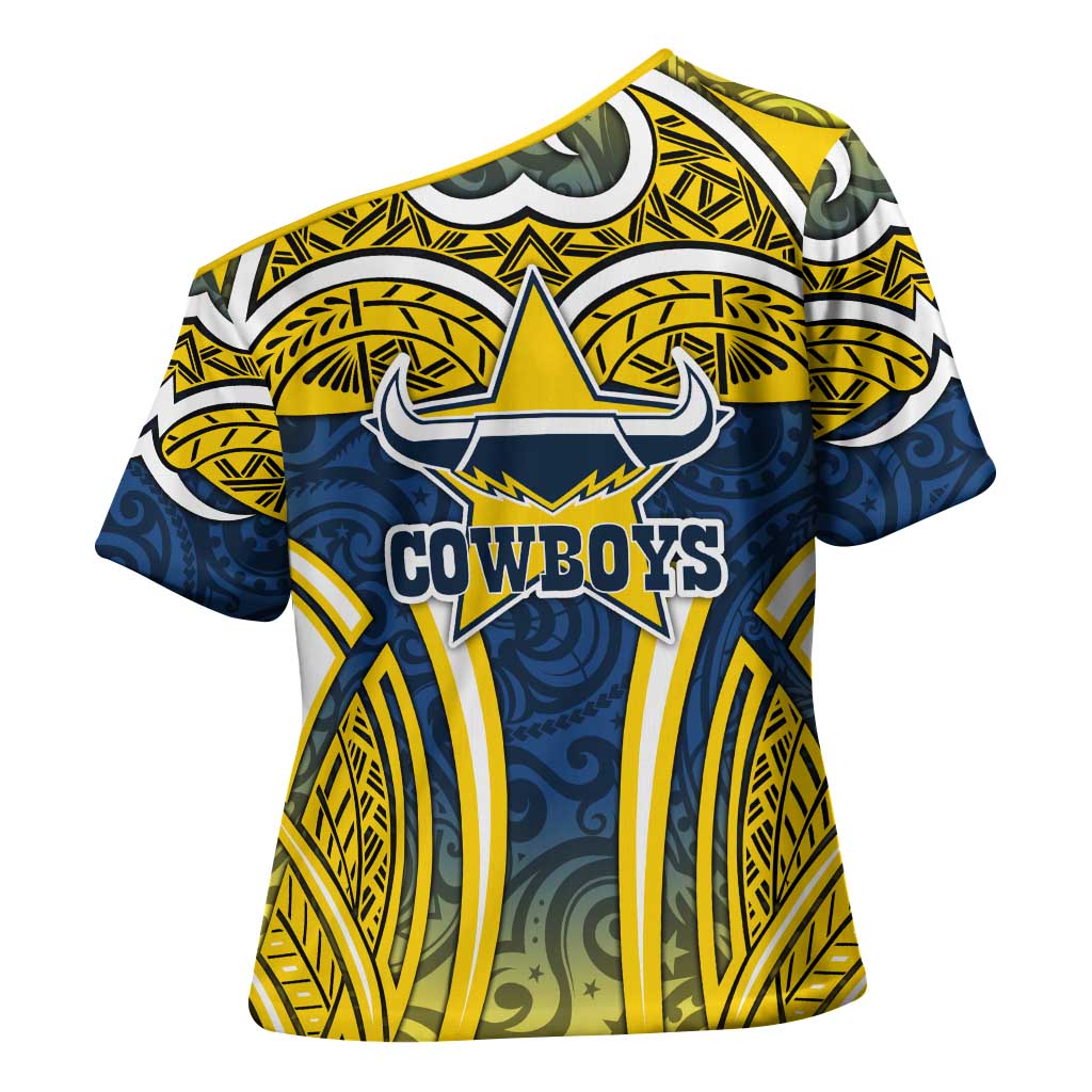 North Queensland Cowboys Rugby Cross Shoulder Shirt Polynesian Tribal Bull Warrior Navy Yellow Pattern