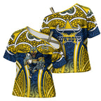 North Queensland Cowboys Rugby Cross Shoulder Shirt Polynesian Tribal Bull Warrior Navy Yellow Pattern