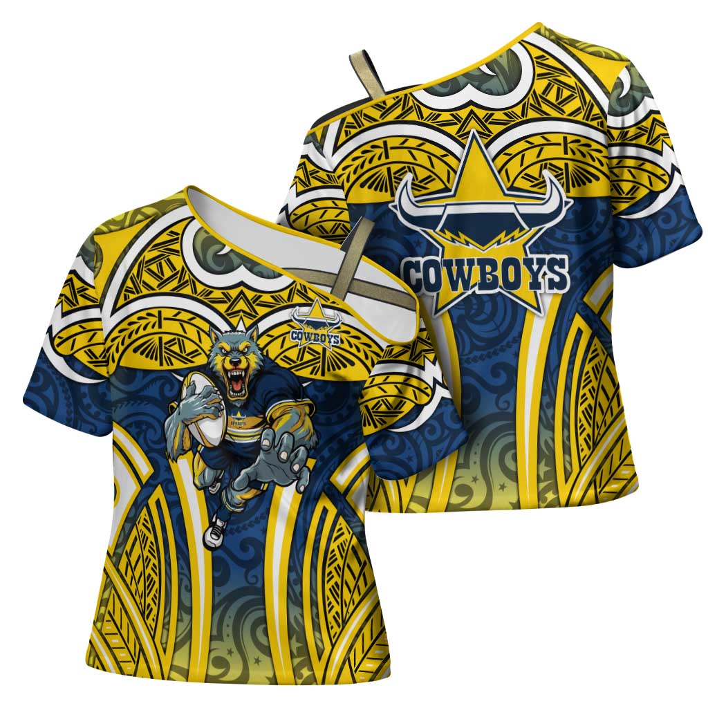 North Queensland Cowboys Rugby Cross Shoulder Shirt Polynesian Tribal Bull Warrior Navy Yellow Pattern