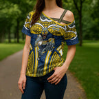 North Queensland Cowboys Rugby Cross Shoulder Shirt Polynesian Tribal Bull Warrior Navy Yellow Pattern