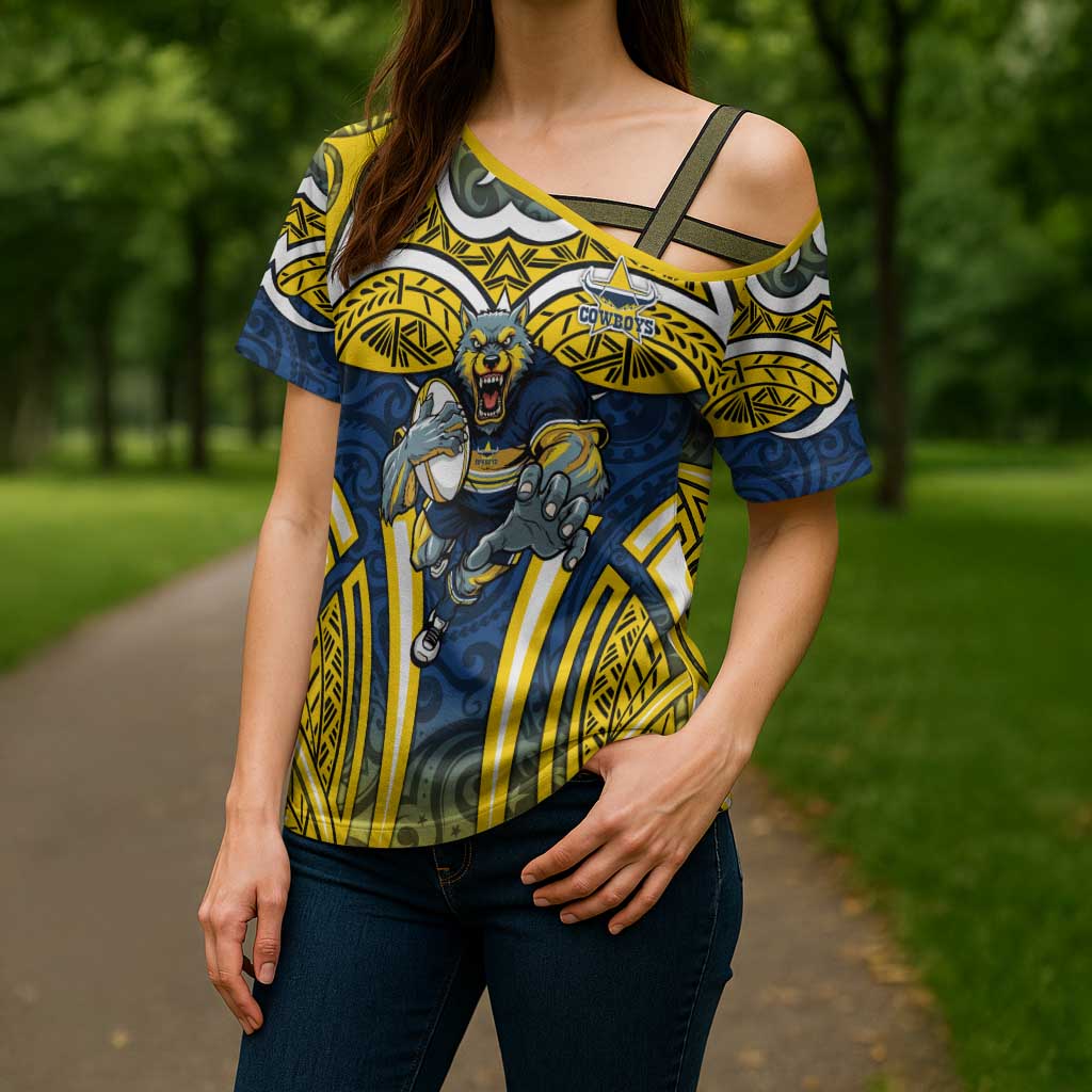 North Queensland Cowboys Rugby Cross Shoulder Shirt Polynesian Tribal Bull Warrior Navy Yellow Pattern