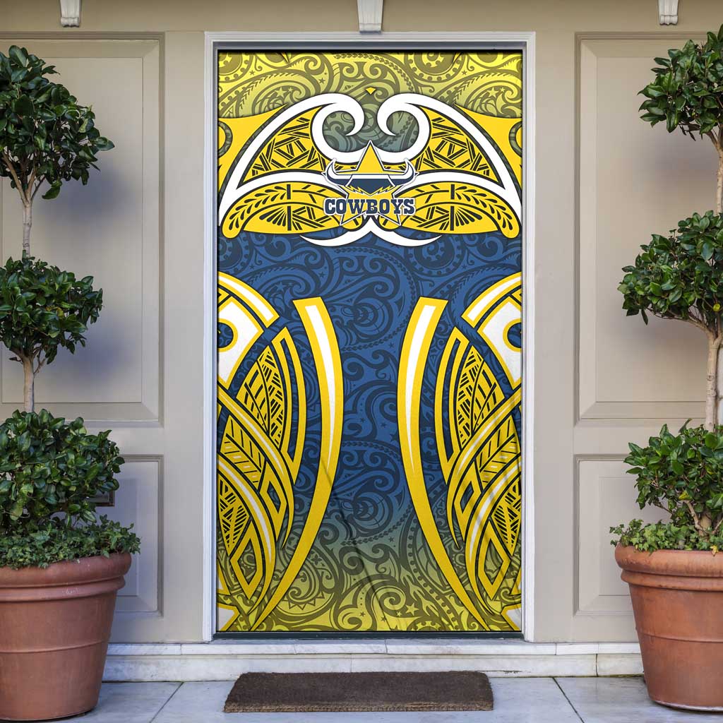 North Queensland Cowboys Rugby Door Cover Polynesian Tribal Bull Warrior Navy Yellow Pattern