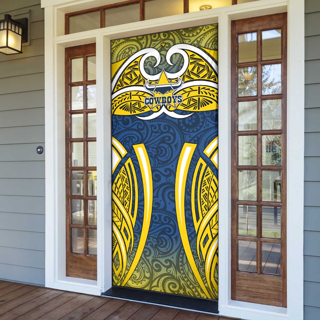 North Queensland Cowboys Rugby Door Cover Polynesian Tribal Bull Warrior Navy Yellow Pattern