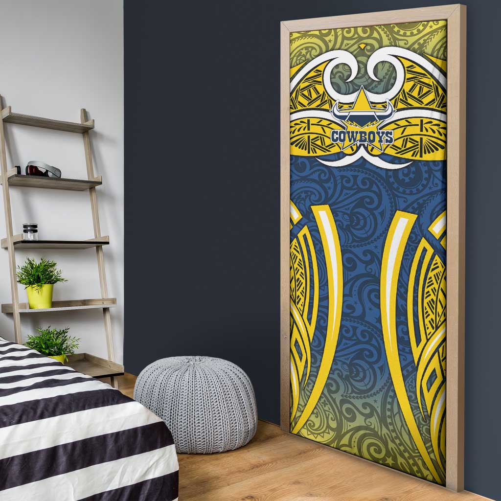 North Queensland Cowboys Rugby Door Cover Polynesian Tribal Bull Warrior Navy Yellow Pattern