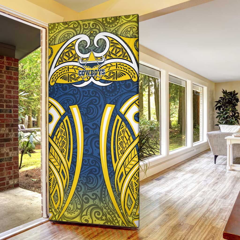 North Queensland Cowboys Rugby Door Cover Polynesian Tribal Bull Warrior Navy Yellow Pattern
