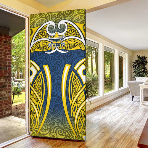 North Queensland Cowboys Rugby Door Cover Polynesian Tribal Bull Warrior Navy Yellow Pattern