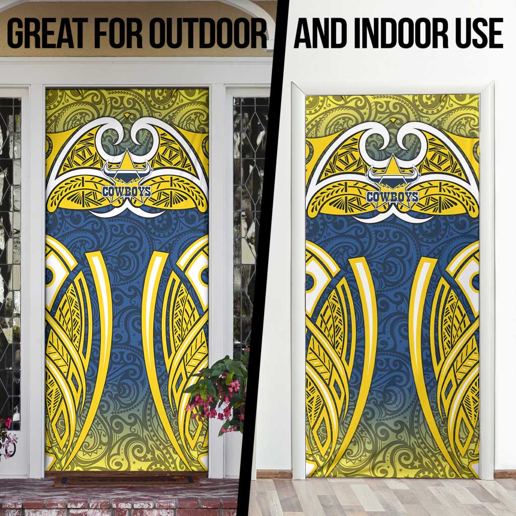 North Queensland Cowboys Rugby Door Cover Polynesian Tribal Bull Warrior Navy Yellow Pattern