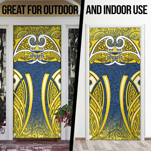 North Queensland Cowboys Rugby Door Cover Polynesian Tribal Bull Warrior Navy Yellow Pattern
