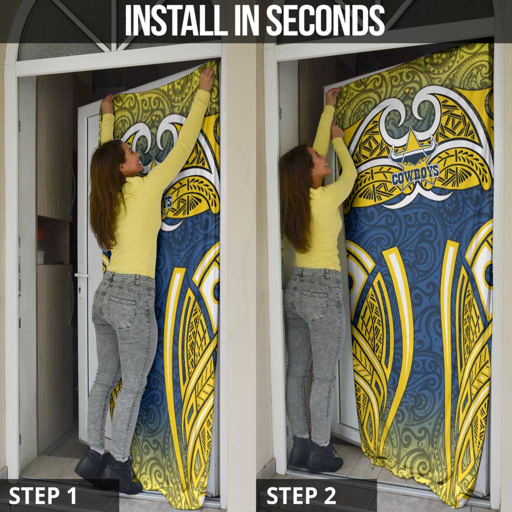 North Queensland Cowboys Rugby Door Cover Polynesian Tribal Bull Warrior Navy Yellow Pattern