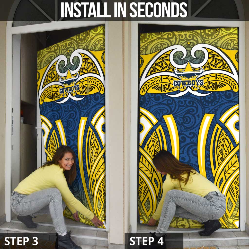 North Queensland Cowboys Rugby Door Cover Polynesian Tribal Bull Warrior Navy Yellow Pattern