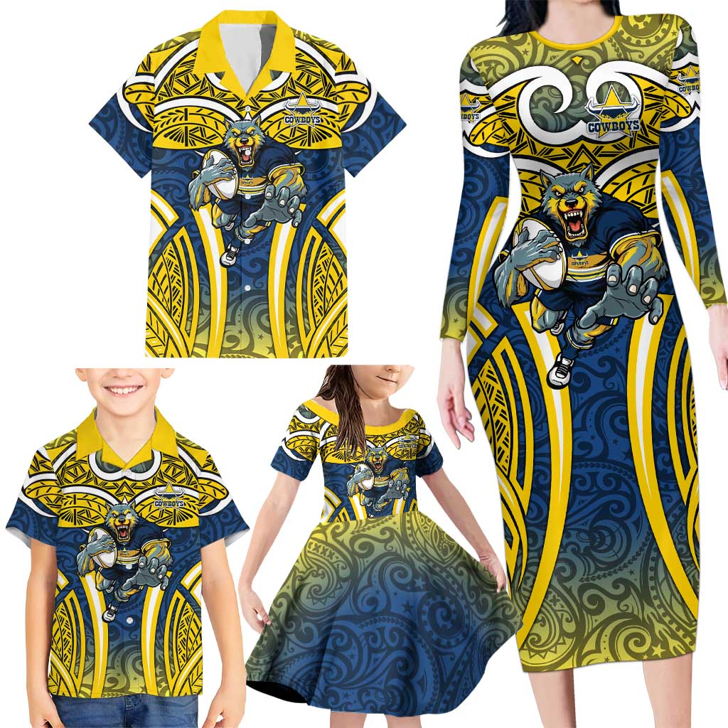 North Queensland Cowboys Rugby Family Matching Long Sleeve Bodycon Dress and Hawaiian Shirt Polynesian Tribal Bull Warrior Navy Yellow Pattern