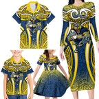 North Queensland Cowboys Rugby Family Matching Long Sleeve Bodycon Dress and Hawaiian Shirt Polynesian Tribal Bull Warrior Navy Yellow Pattern