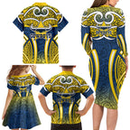 North Queensland Cowboys Rugby Family Matching Long Sleeve Bodycon Dress and Hawaiian Shirt Polynesian Tribal Bull Warrior Navy Yellow Pattern