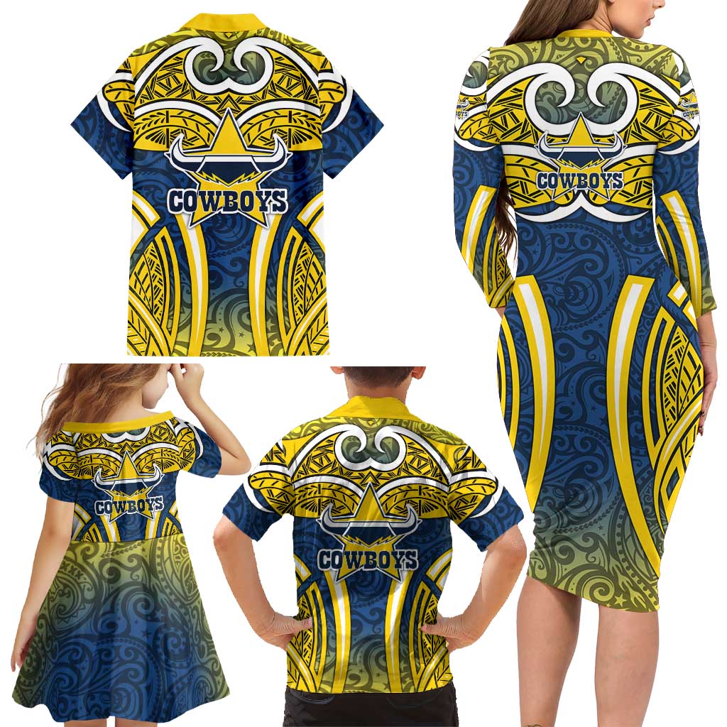 North Queensland Cowboys Rugby Family Matching Long Sleeve Bodycon Dress and Hawaiian Shirt Polynesian Tribal Bull Warrior Navy Yellow Pattern