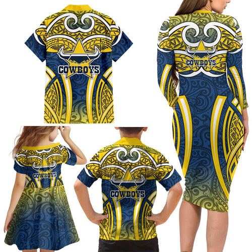 North Queensland Cowboys Rugby Family Matching Long Sleeve Bodycon Dress and Hawaiian Shirt Polynesian Tribal Bull Warrior Navy Yellow Pattern
